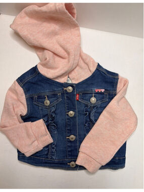 Baby Girl Levi's Hooded Denim Jean Jacket 12 Months Knit Sleeves Snap Front
